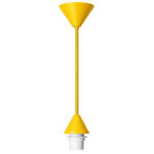 Yellow conical ceiling rose kit with a long cord and white lamp holder, suspended against a plain background.