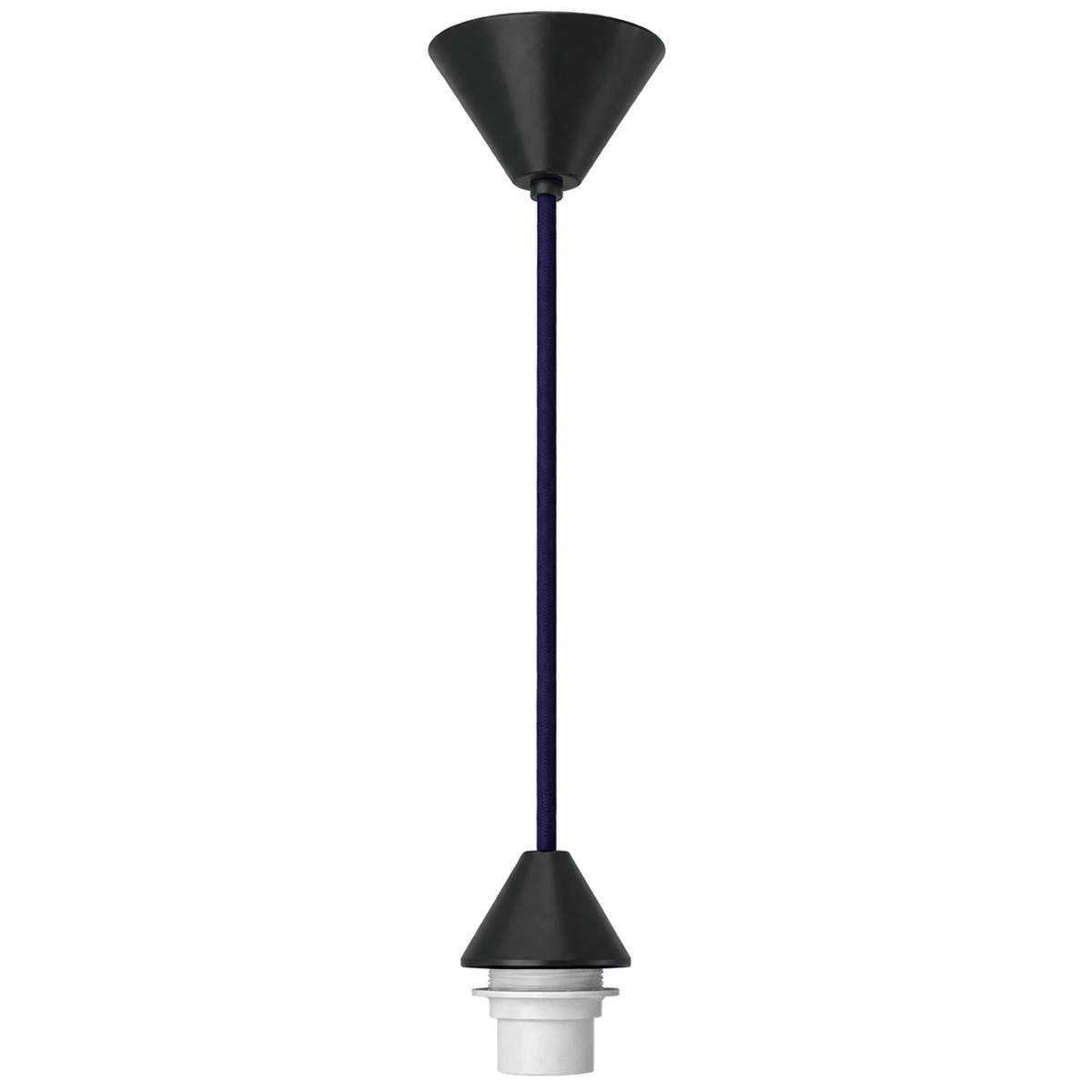 Black conical ceiling rose with a slender cord and white lamp holder, featuring a matte finish.