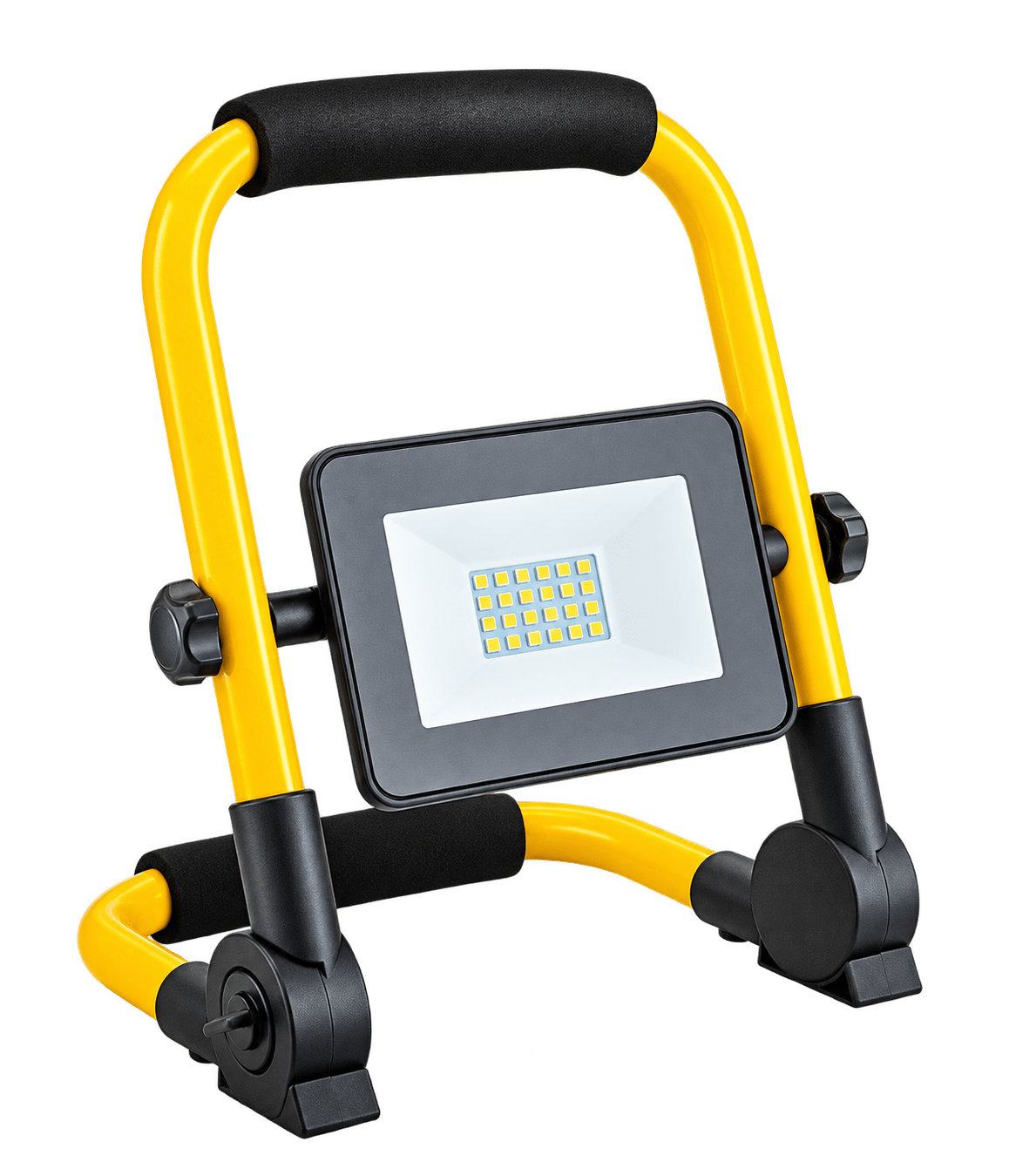 A portable LED work light with a yellow frame, black accents, and a rectangular light panel, positioned on a stable base.