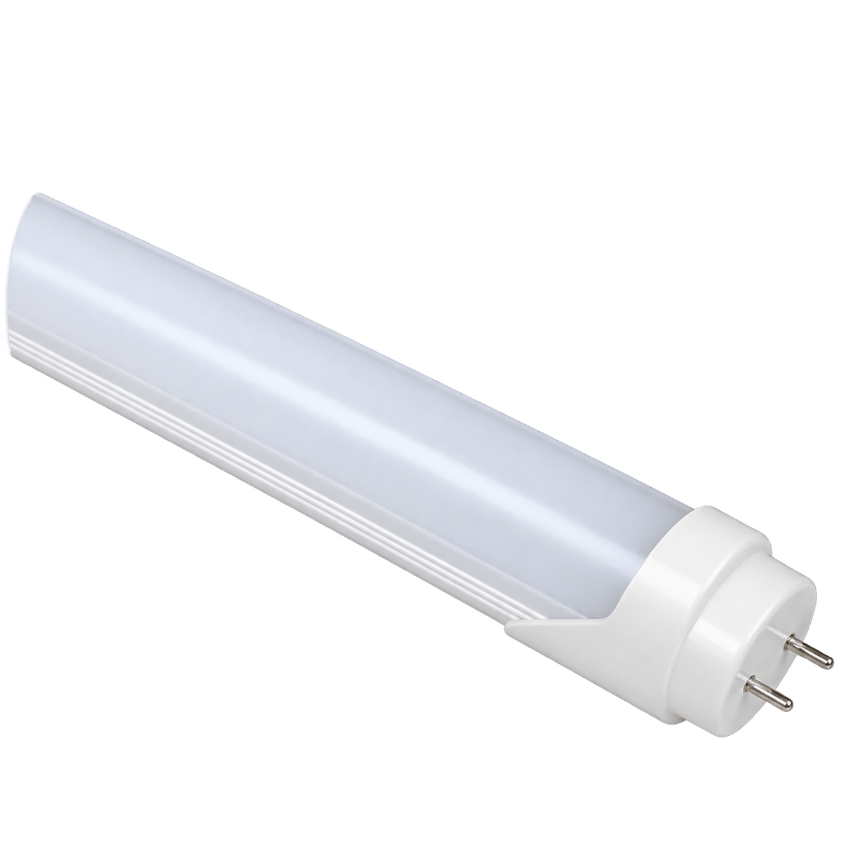 T8 LED butcher food display tube in a sleek, white finish with a frosted cover and two prongs at one end.