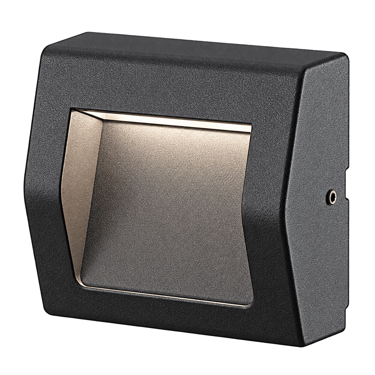 A black surface-mounted LED foot light with a rectangular design and a gold-toned interior panel.