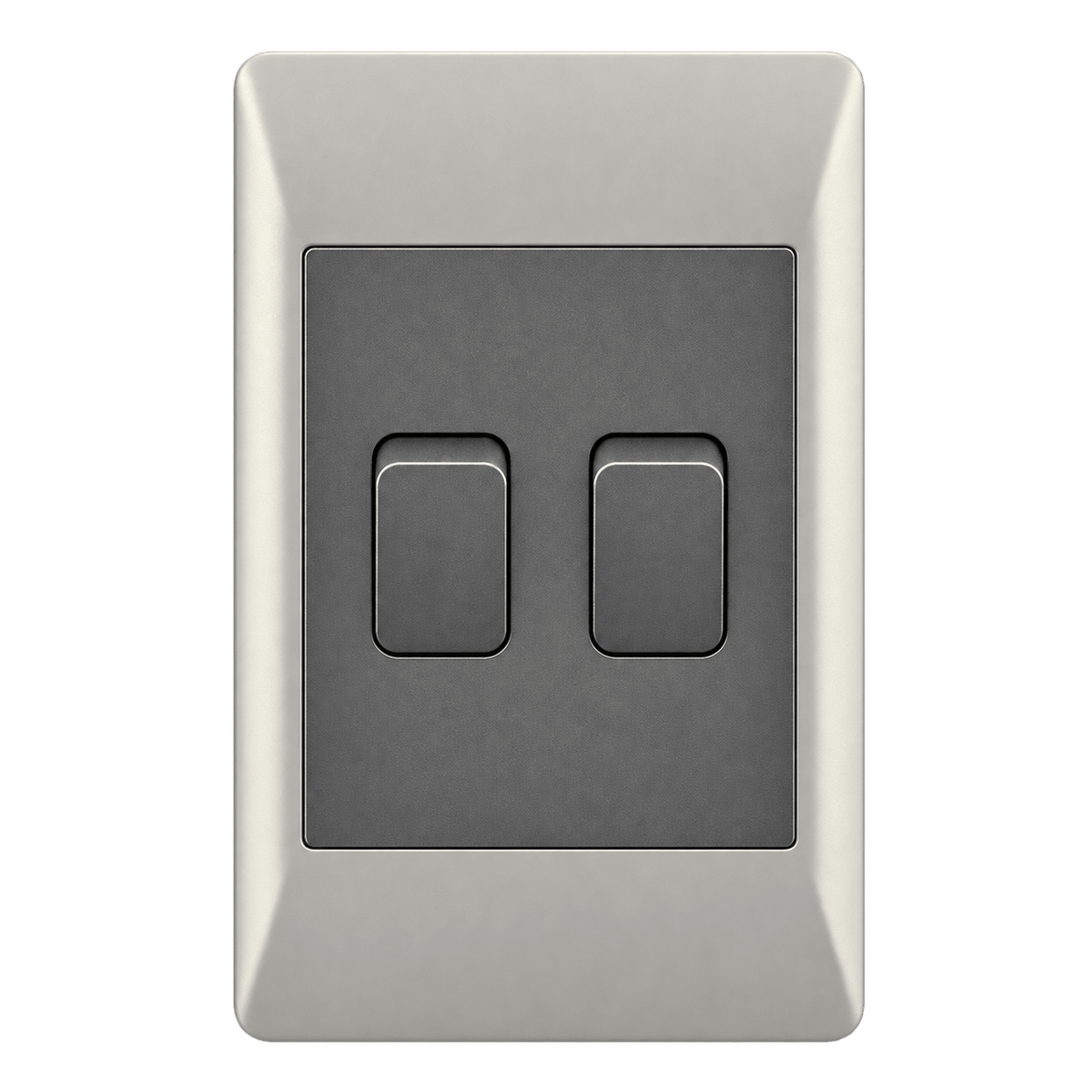 A rectangular switch plate with a brushed metal finish, featuring two black levers in a vertical arrangement.