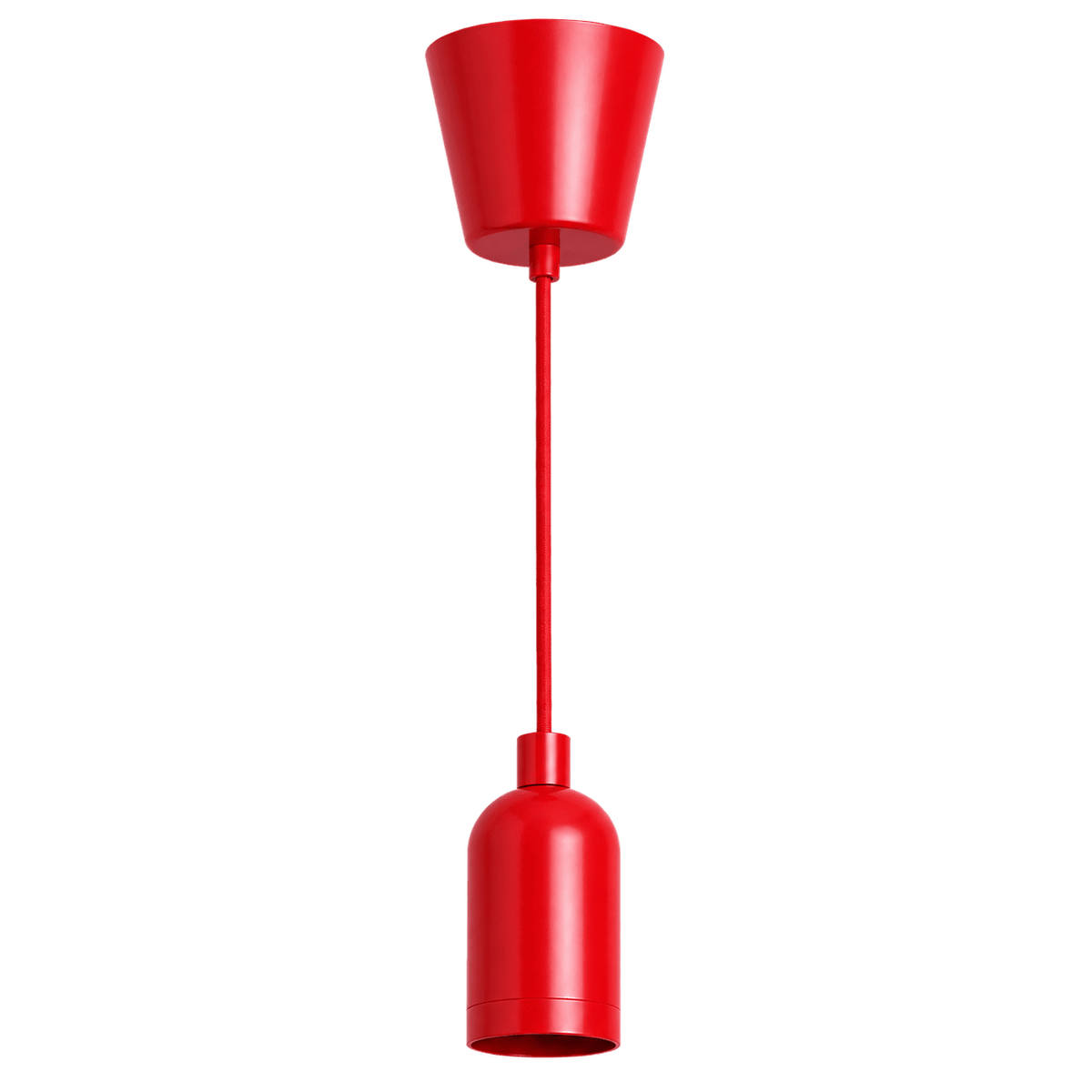 Red pendant ceiling rose kit featuring a conical lamp cup and cylindrical lamp holder, suspended by a matching cord.