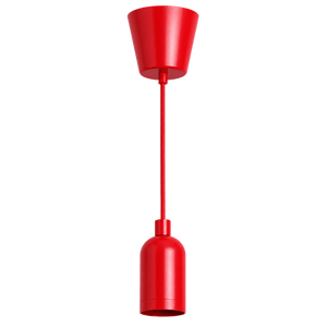 Red pendant ceiling rose kit featuring a conical lamp cup and cylindrical lamp holder, suspended by a matching cord.