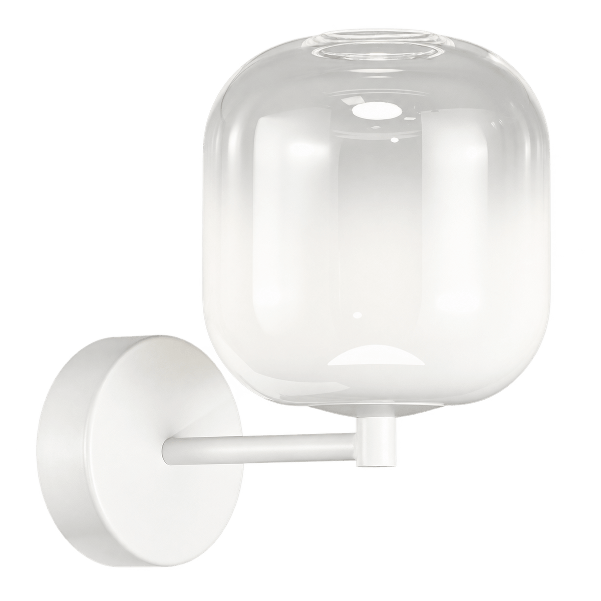 A white LED wall light with a rounded glass shade mounted on a circular base, featuring a sleek, minimalist design.