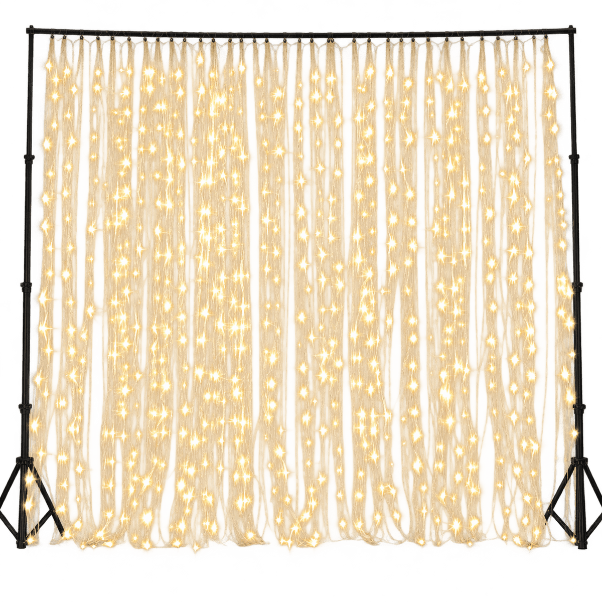 A curtain of warm white LED lights hangs vertically, creating a shimmering effect against a dark background.