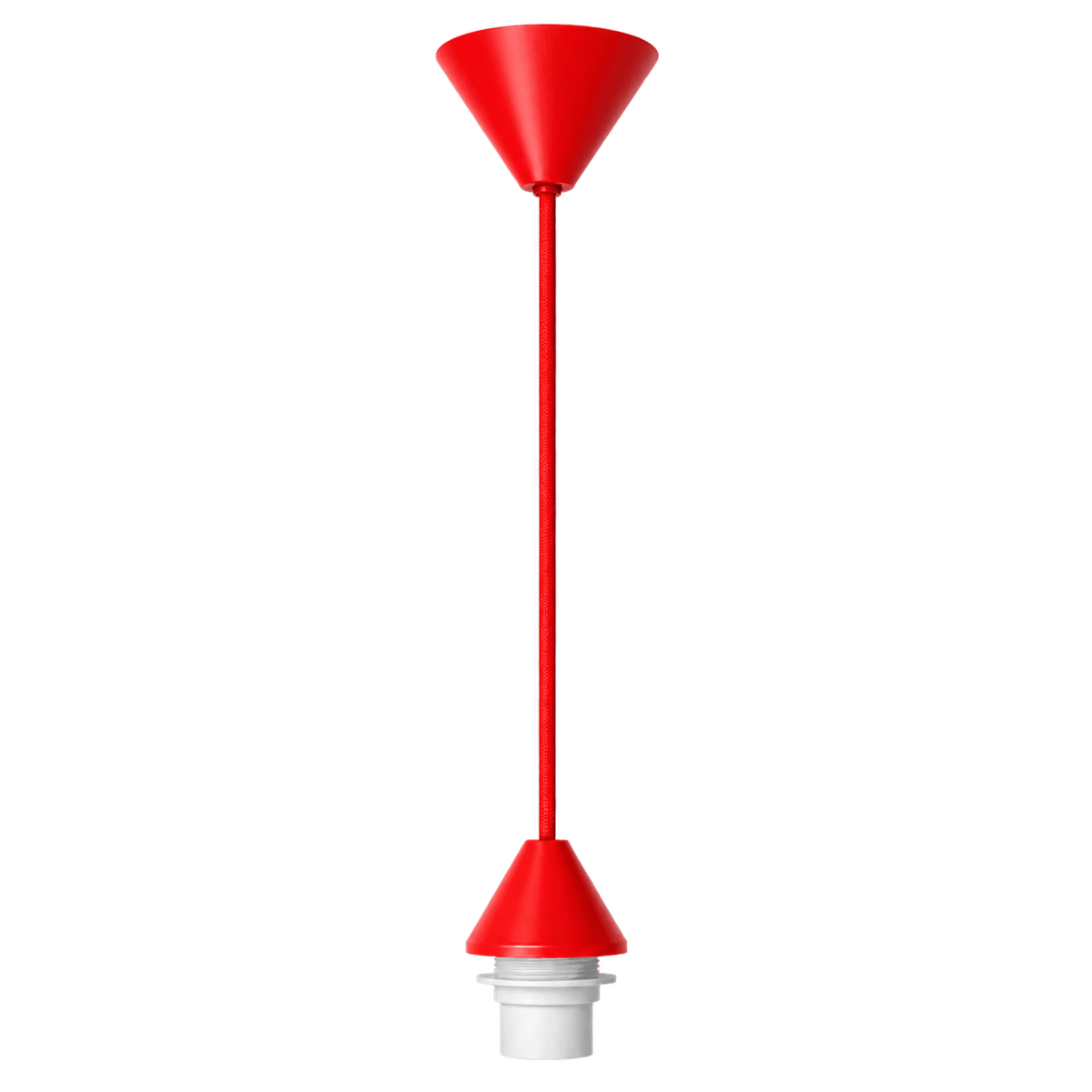 Red conical ceiling rose with a matching cord and a white lamp holder at the bottom, suspended vertically.