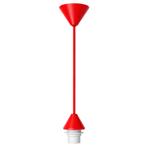 Red conical ceiling rose with a matching cord and a white lamp holder at the bottom, suspended vertically.