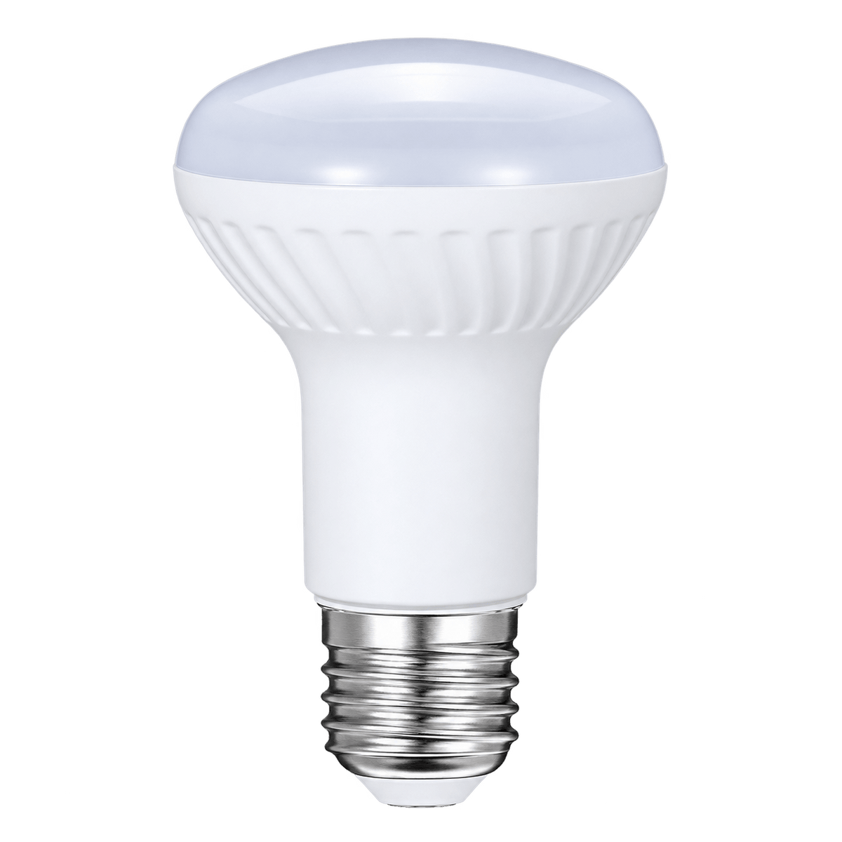 A white LED bulb with a rounded top and ribbed base, featuring a silver screw-in connector.