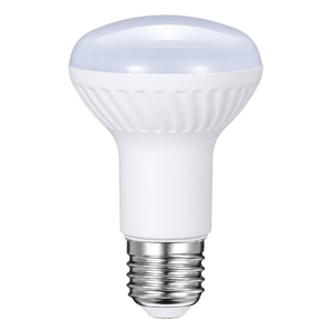 A white LED bulb with a rounded top and ribbed base, featuring a silver screw-in connector.