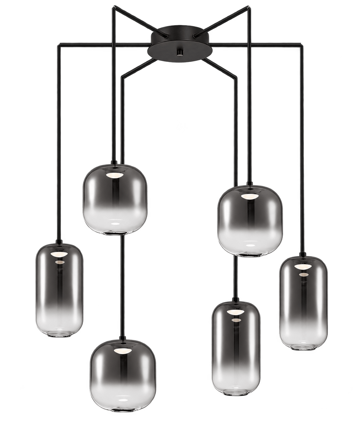 A black ceiling mount supports six glass pendant lights with a gradient finish, arranged in a cluster.