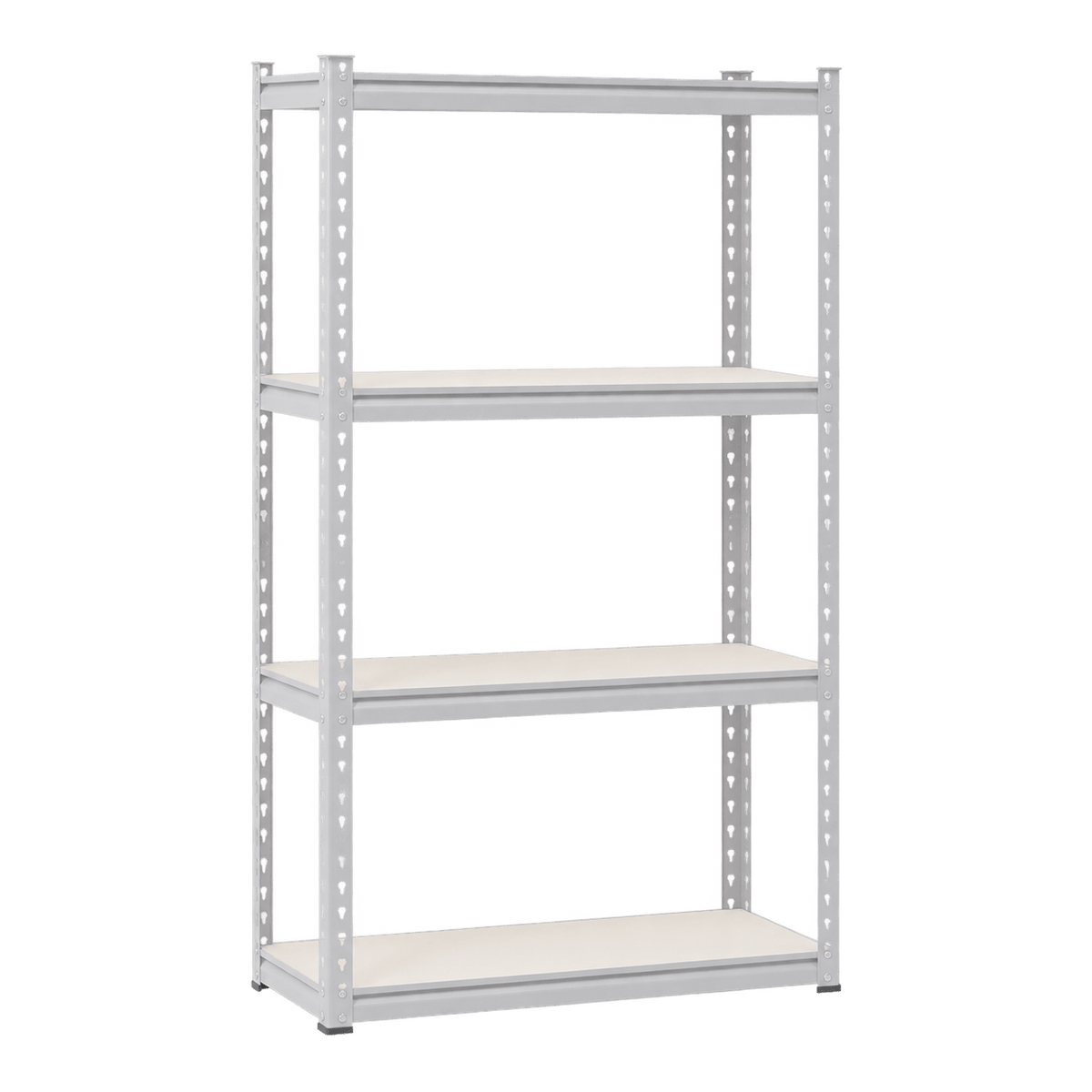 Four-tier steel shelving unit in grey, featuring a simple design with open shelves and a sturdy frame.