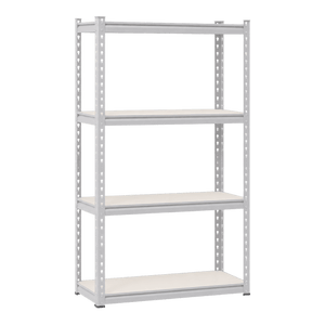 Four-tier steel shelving unit in grey, featuring a simple design with open shelves and a sturdy frame.