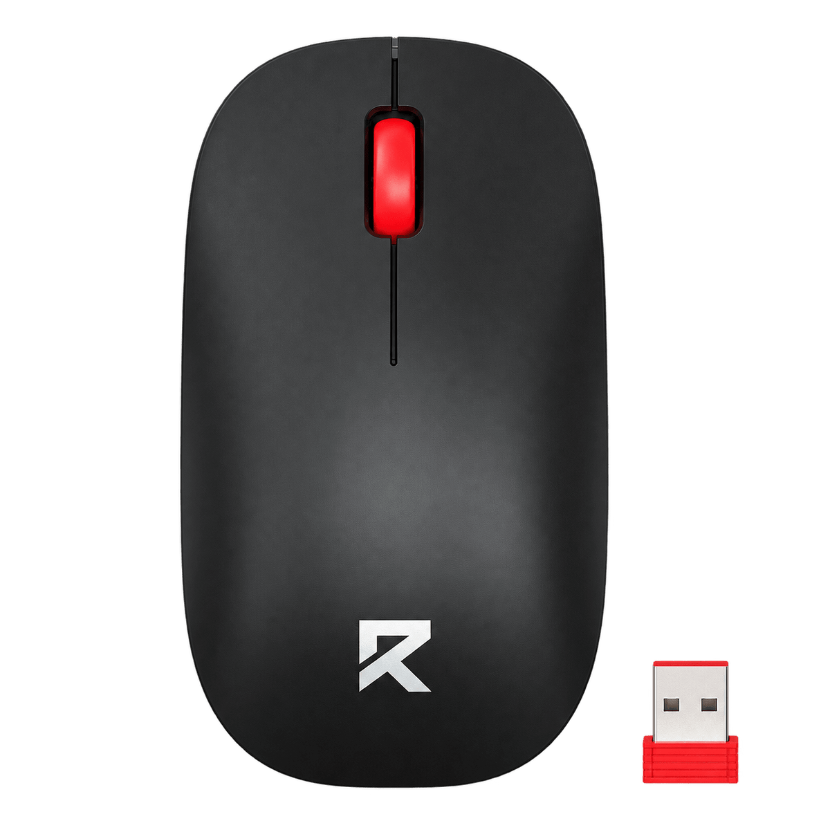 A black wireless optical mouse with a red scroll wheel and a silver logo, accompanied by a small red USB receiver.