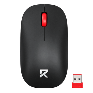 A black wireless optical mouse with a red scroll wheel and a silver logo, accompanied by a small red USB receiver.