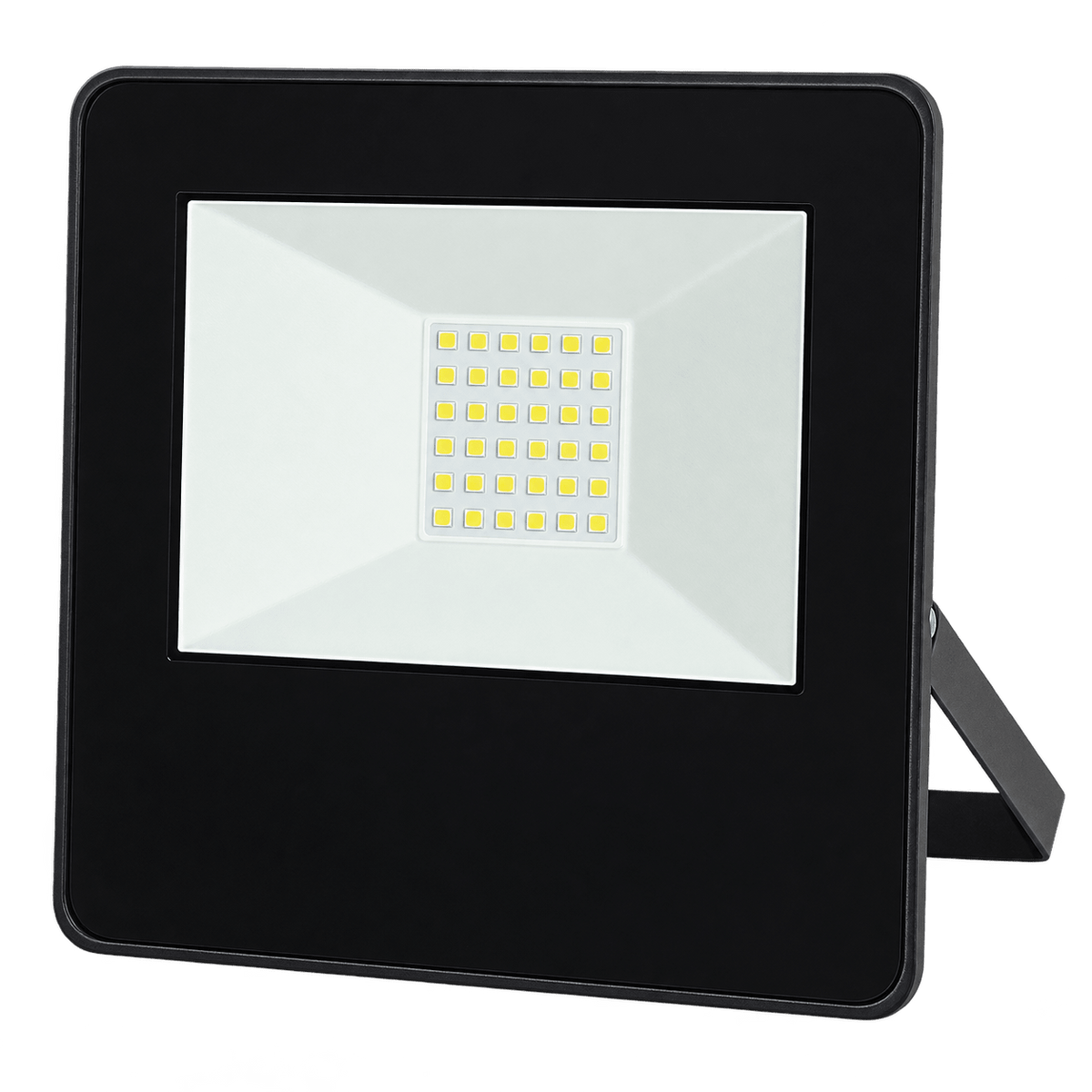 A black LED flood light with a rectangular shape, featuring a white lens and a grid of yellow LEDs.
