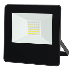 A black LED flood light with a rectangular shape, featuring a white lens and a grid of yellow LEDs.