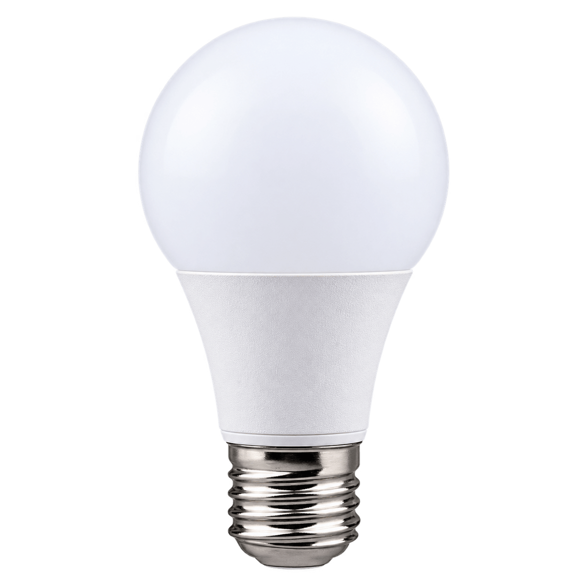 A 10W LED bulb with a round white top and a silver E27 base, featuring a smooth, matte finish.