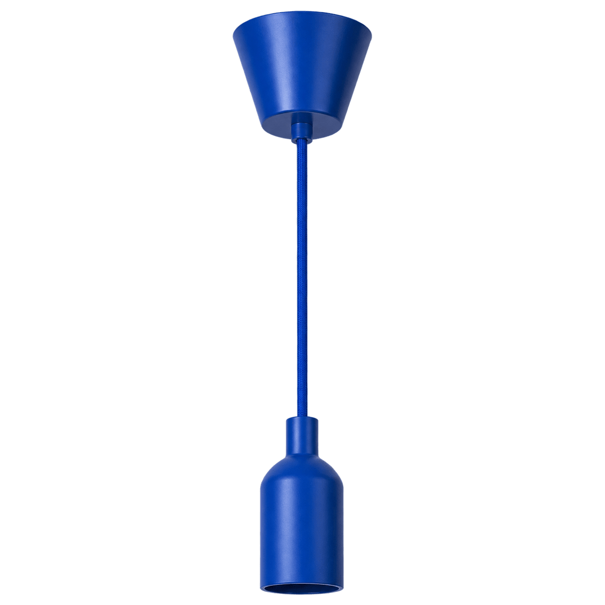 Blue silicone pendant lamp with a conical ceiling rose and a cylindrical lamp cup, suspended by a matching cord.