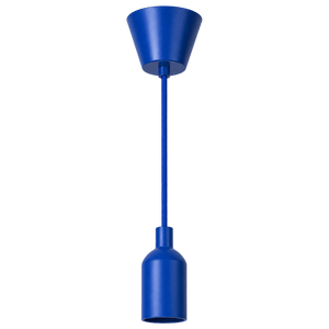Blue silicone pendant lamp with a conical ceiling rose and a cylindrical lamp cup, suspended by a matching cord.
