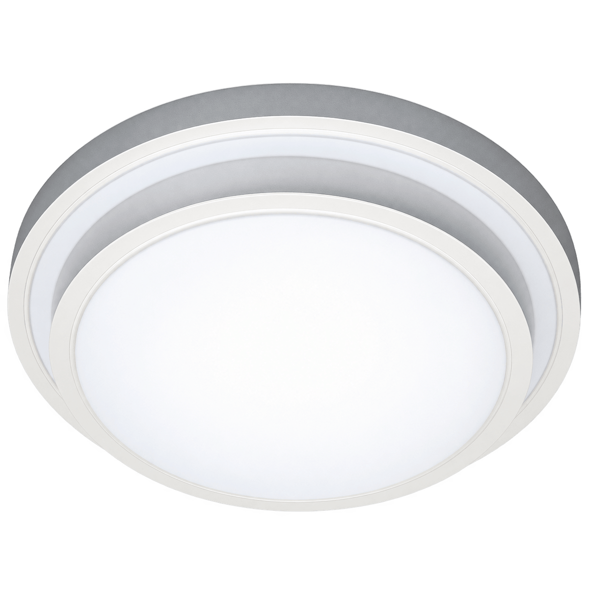 Stepped aluminium ceiling fitting with a circular design, featuring a white frosted diffuser and a grey outer ring.