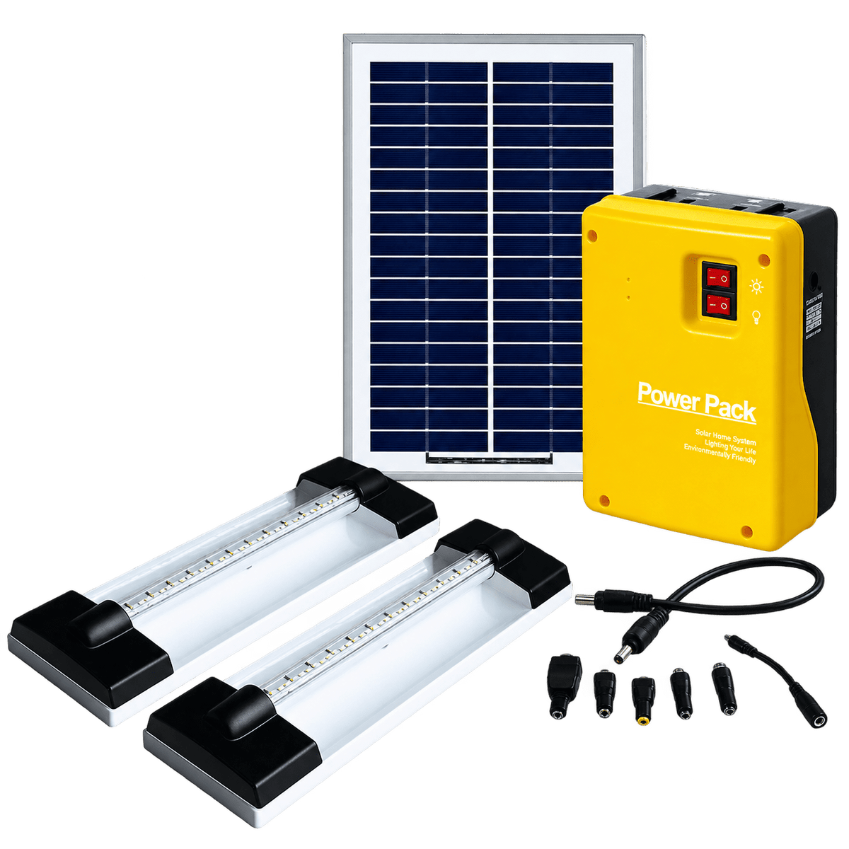 A solar panel, a yellow power pack, and two LED light fixtures with black ends and clear covers, arranged together.