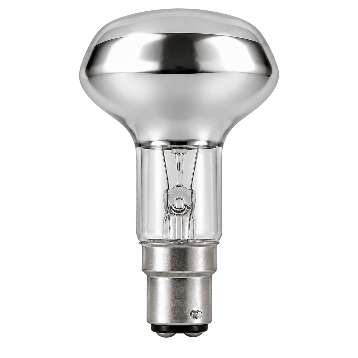 A clear glass LED bulb with a silver metallic top and a B22 base, showcasing a filament design inside.