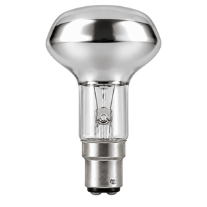 A clear glass LED bulb with a silver metallic top and a B22 base, showcasing a filament design inside.