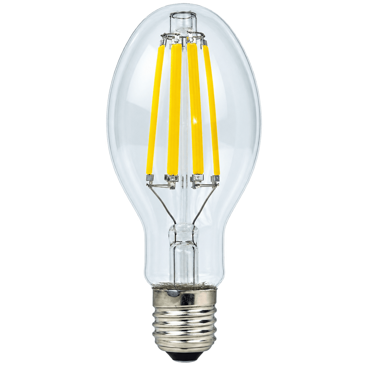 Clear glass LED bulb with four yellow filaments, silver base, and a rounded shape.