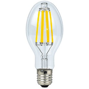 Clear glass LED bulb with four yellow filaments, silver base, and a rounded shape.