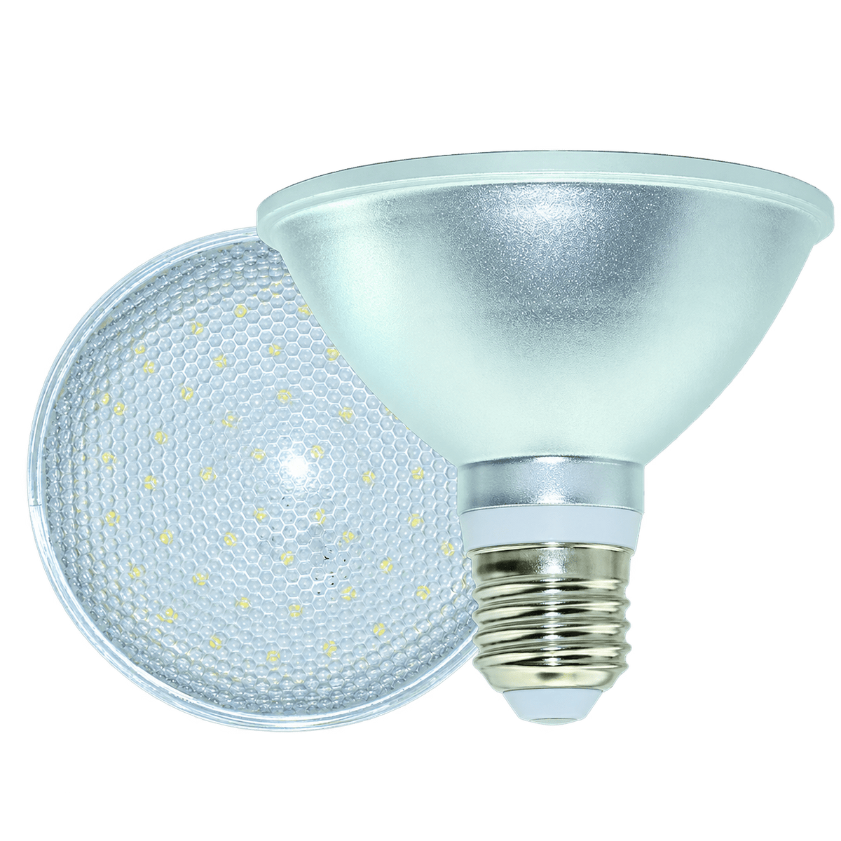 A yellow 9W PAR30 LED bulb with a silver reflective finish and a standard screw base, positioned against a white background.