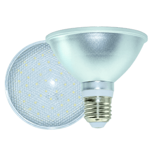 A yellow 9W PAR30 LED bulb with a silver reflective finish and a standard screw base, positioned against a white background.