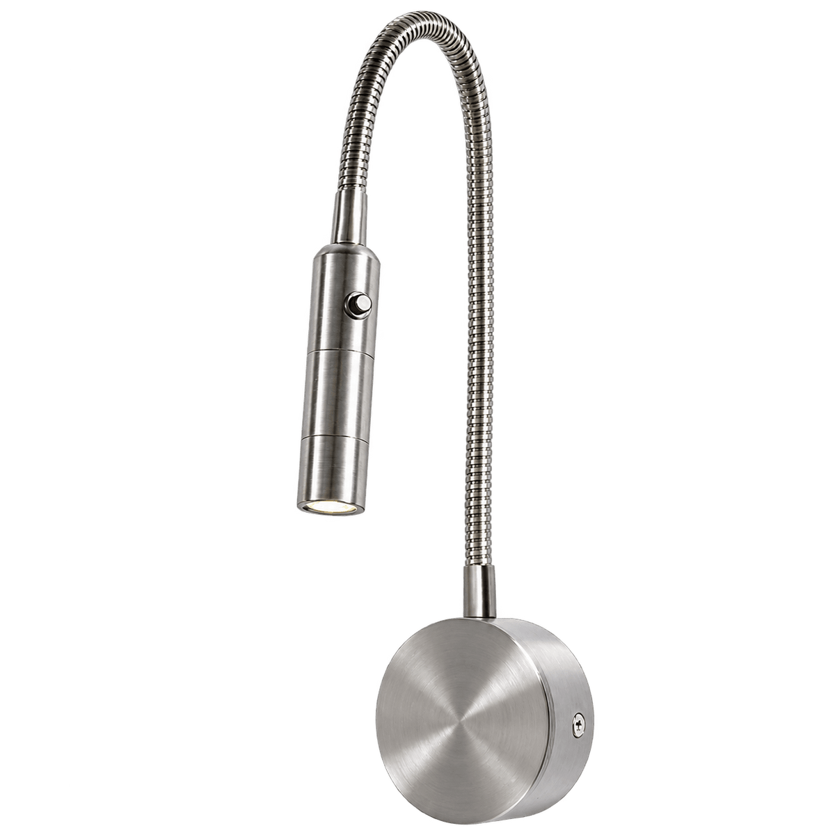 Satin chrome LED wall light with a flexible goose neck and round base, featuring a small switch on the side.