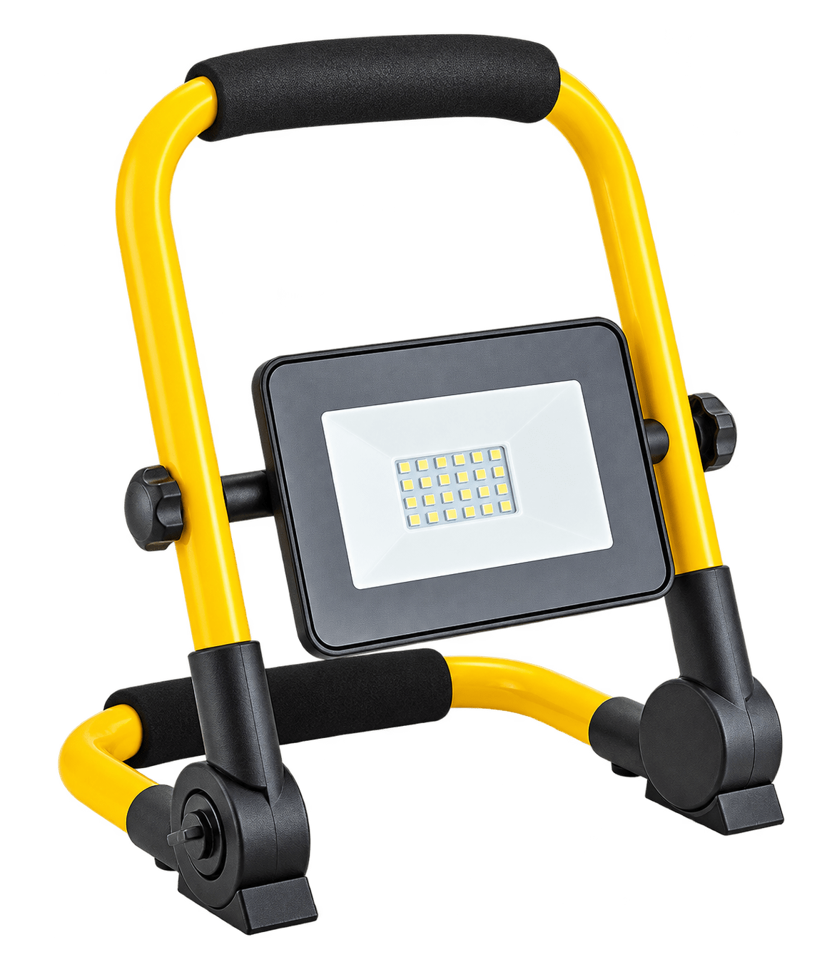 Portable LED work light with a yellow frame, black accents, and a rectangular white light panel.
