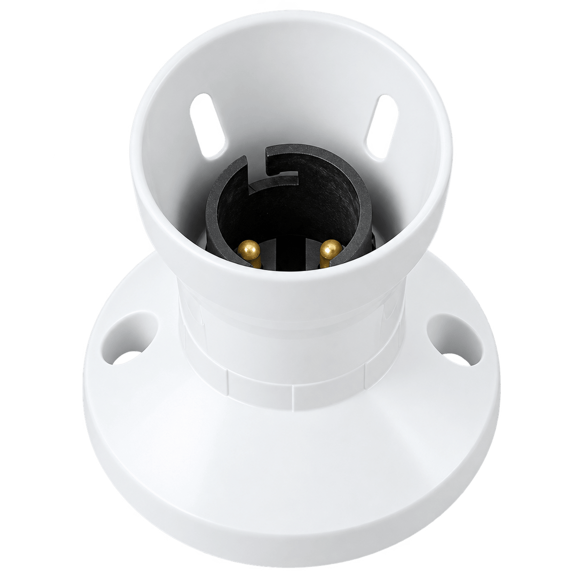 White B22 lamp holder with a circular base, featuring a black interior and gold contact pins.