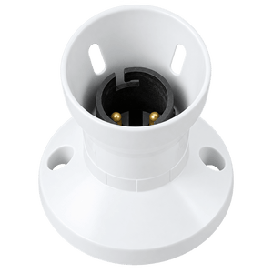 White B22 lamp holder with a circular base, featuring a black interior and gold contact pins.
