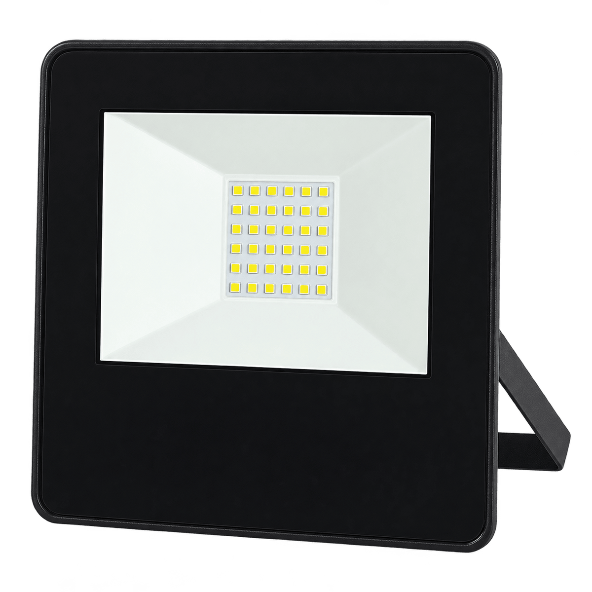 A 30W LED flood light with a black frame and a white lens, featuring a grid of yellow LED bulbs.