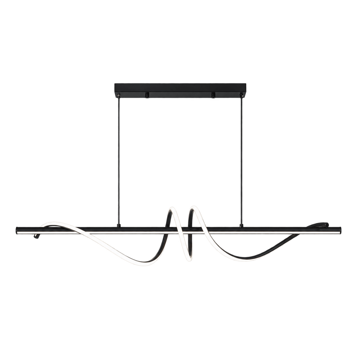 Black LED pendant light with a wavy design, featuring a sleek finish and suspended from a rectangular ceiling mount.