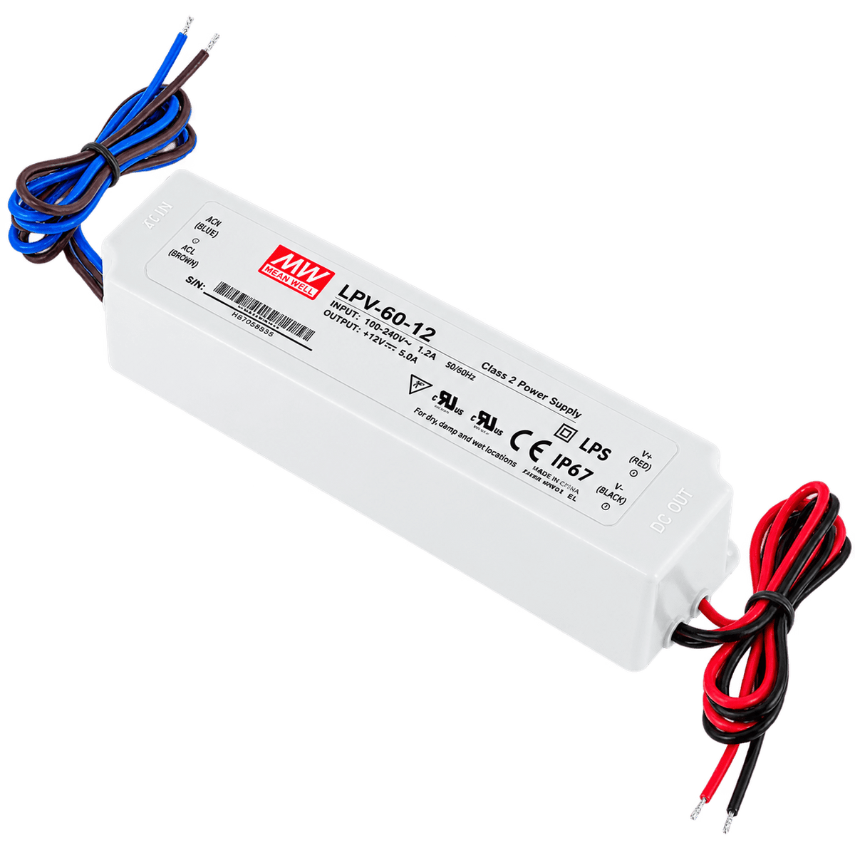 White LED power supply with a rectangular shape, featuring red and black output wires and blue and brown input wires.