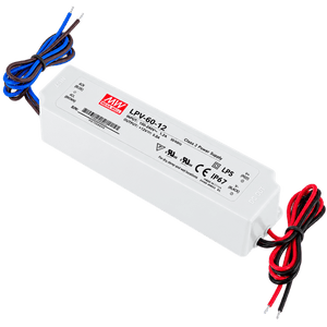 White LED power supply with a rectangular shape, featuring red and black output wires and blue and brown input wires.