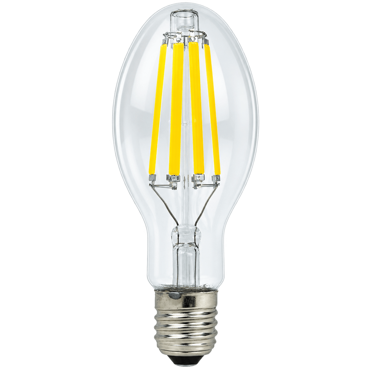 Clear glass LED bulb with a silver base and four yellow filaments arranged vertically inside.