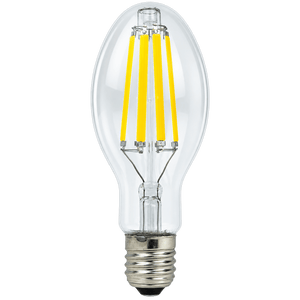 Clear glass LED bulb with a silver base and four yellow filaments arranged vertically inside.