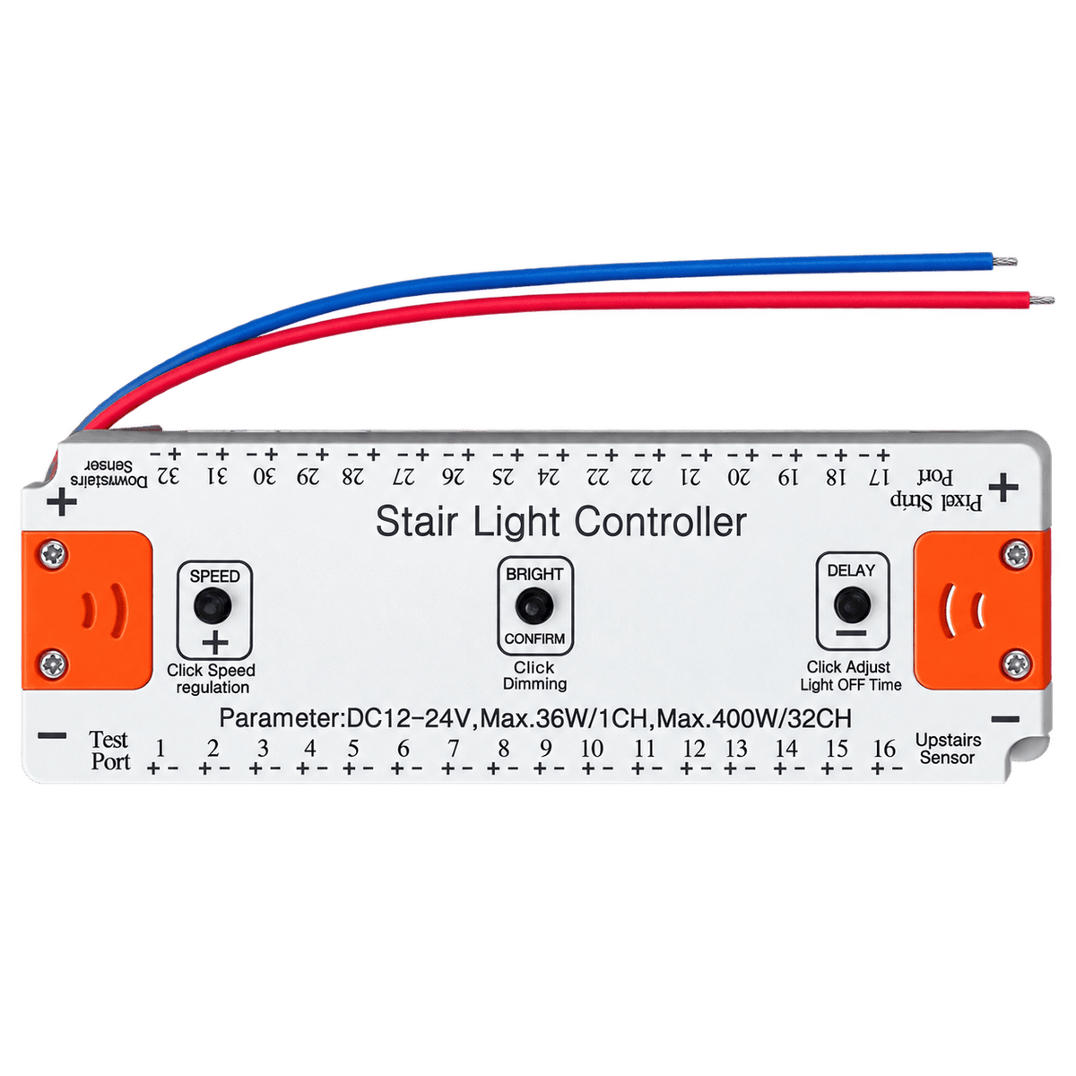 Silver rectangular stair light controller with orange buttons, labeled functions, and red and blue wires.