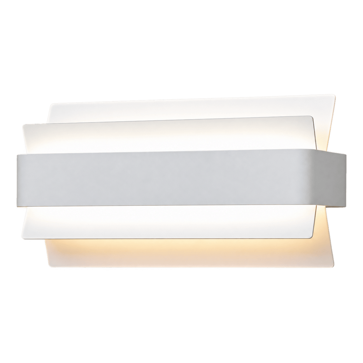 A modern indoor wall light with layered white and soft gray finishes, featuring a sleek, minimalist design.
