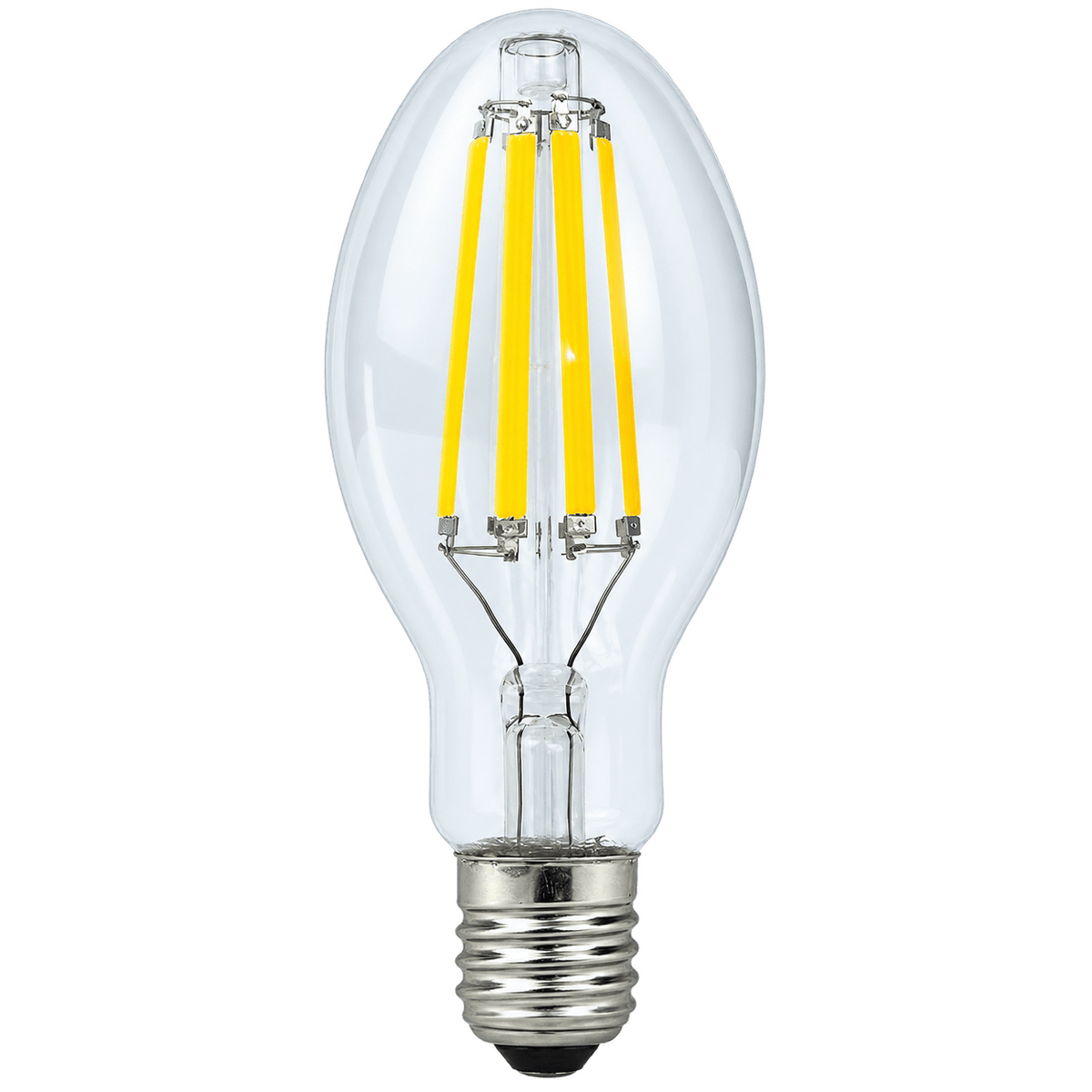 Clear glass LED bulb with a tapered shape, featuring four vertical yellow filaments and a silver base.