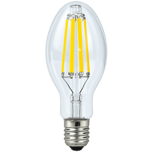Clear glass LED bulb with a tapered shape, featuring four vertical yellow filaments and a silver base.