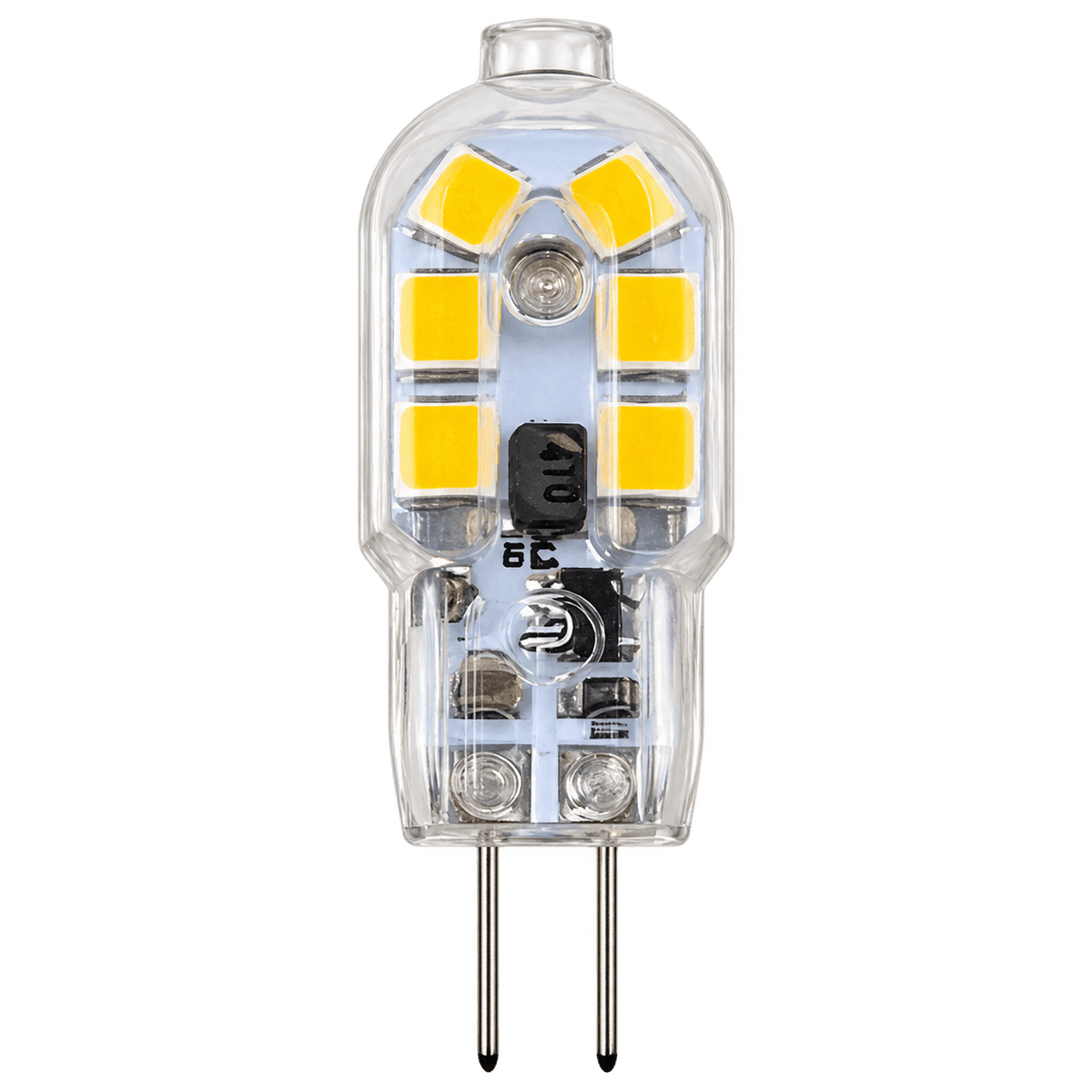 Clear G4 capsule LED bulb with yellow and silver components, featuring two metal pins at the base.