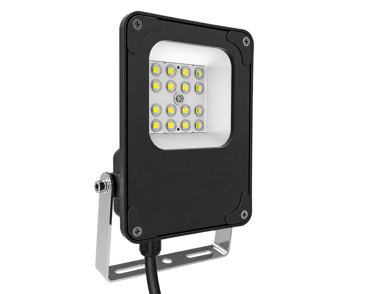 A black floodlight with a rectangular design, featuring multiple yellow LED bulbs and a metal mounting bracket.