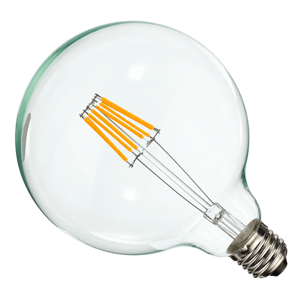 Clear opalina LED bulb with a round glass shape, featuring yellow filament and a silver B22 base.