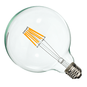 Clear opalina LED bulb with a round glass shape, featuring yellow filament and a silver B22 base.